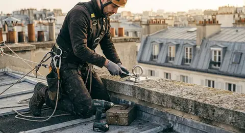 Cordiste agenouillé fixant une platine d'ancrage en inox sur muret de toiture parisienne