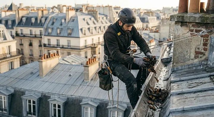 Cordiste suspendu en toiture parisienne, retirant les feuilles mortes et débris obstruant un chéneau en zinc