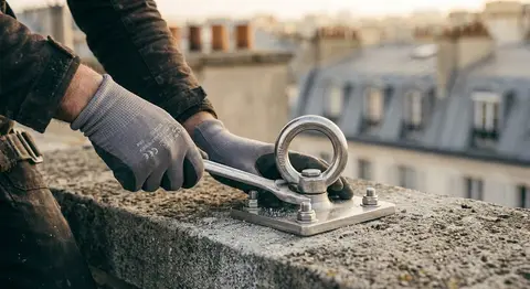 Serrage et fixation de sécurité à la clé d'un anneau d'ancrage permanent en inox sur tête de mur
