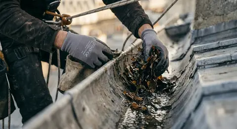 Curage et évacuation manuelle des feuilles mortes et boues accumulées dans le chéneau en zinc