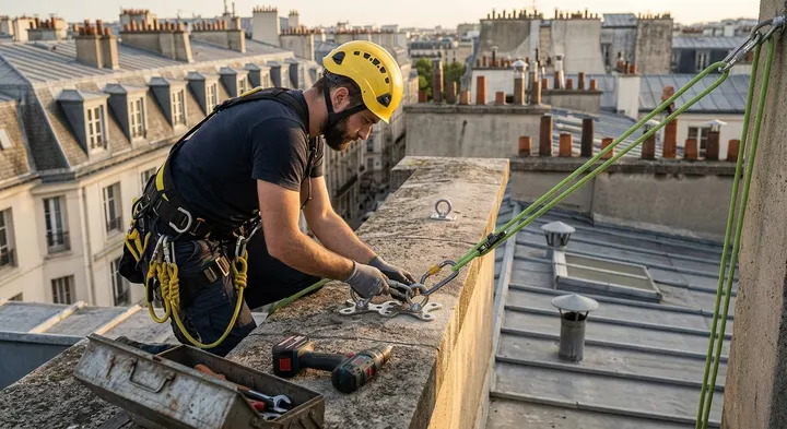 Cordiste équipé installant et fixant une platine d'ancrage permanent EN 795 sur le muret d'une toiture parisienne