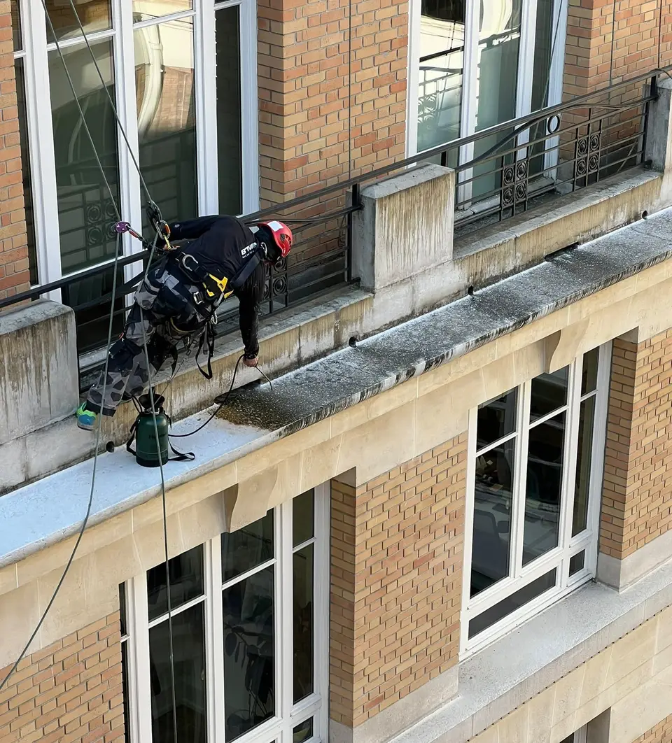 Traitement biocide et démoussage de corniche par cordiste sur un immeuble parisien