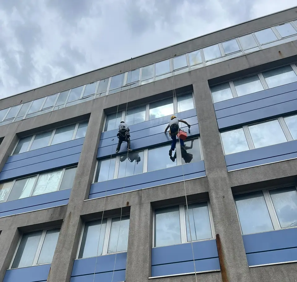 Deux cordistes suspendus le long d'une façade vitrée d'immeuble de bureaux, nettoyant les vitrages étage par étage