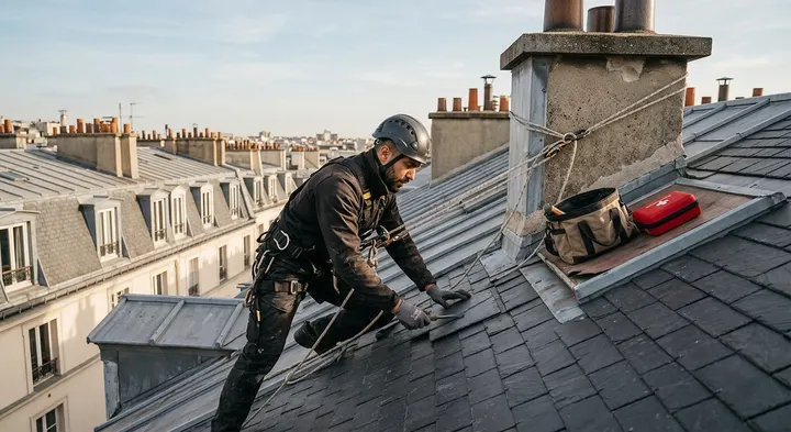 Compagnon cordiste casqué et harnaché en intervention sur la toiture en ardoise et zinc d'un immeuble parisien