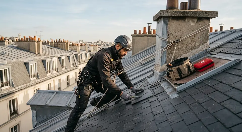 Compagnon cordiste casqué et harnaché en intervention sur la toiture en ardoise et zinc d'un immeuble parisien