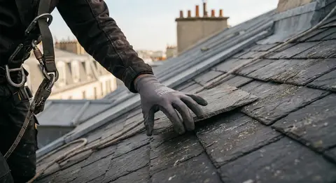 Main gantée d'un couvreur cordiste procédant au remplacement minutieux d'une ardoise sur un toit en pente