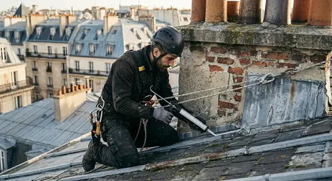 Compagnon cordiste appliquant un mastic d'étanchéité au pistolet sur un solin en zinc au pied d'une cheminée