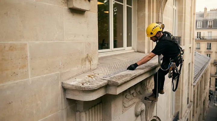Installation de picots anti-pigeons sur un appui de fenêtre en pierre de taille par un cordiste