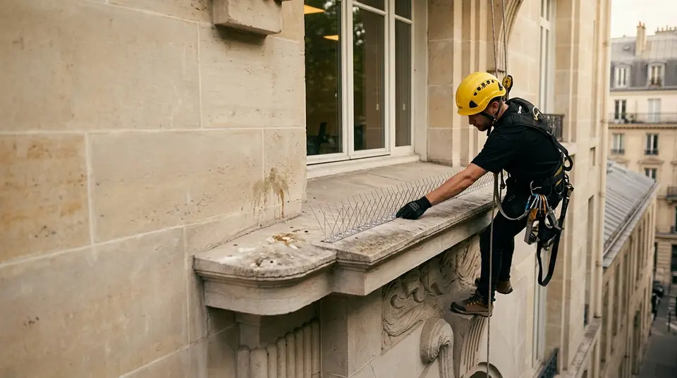 Installation de picots anti-pigeons sur un appui de fenêtre en pierre de taille par un cordiste