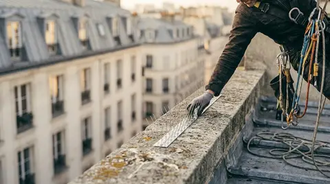 Fixation de pics anti-pigeons en acier inoxydable le long d'une corniche de toiture sur un immeuble parisien